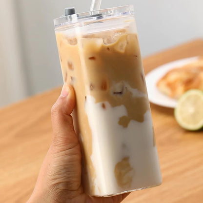 2Pcs Transparent Square Glass Cup with Lid and Straw Creative Hot and Cold Drink Glass Cup Home Bar Milk Juice Mug