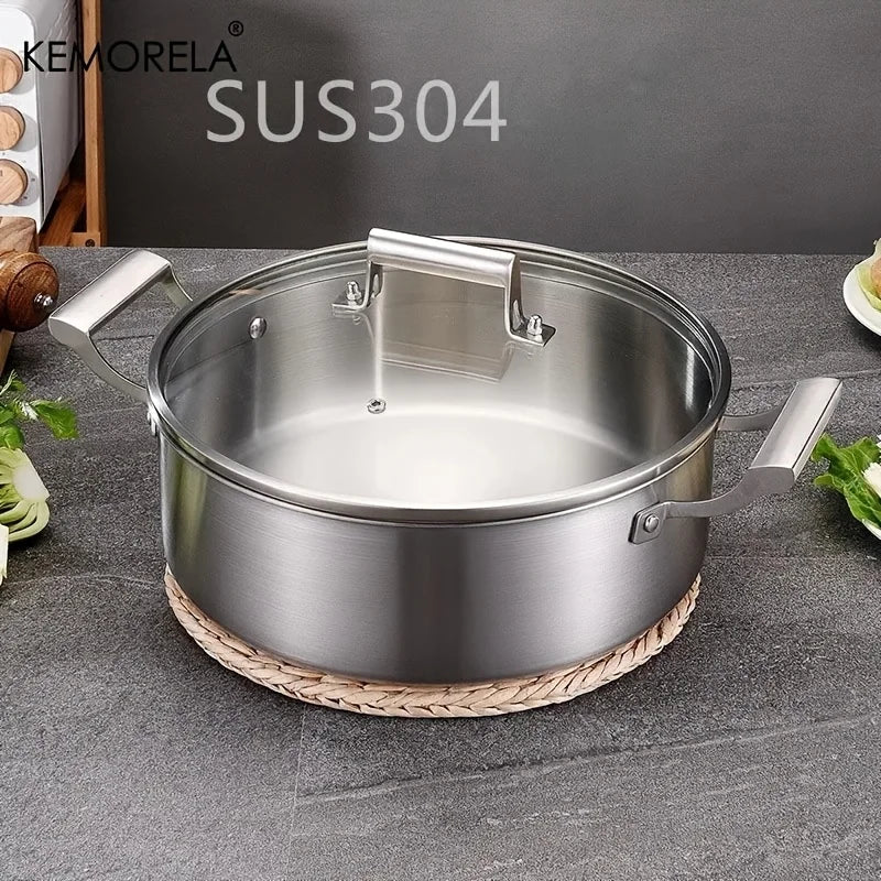 KEMORELA 304 Stainless Steel Hot Pot - German Five-Layer Steel European Style Double Handle Soup Pot with Glass Lid, for Home