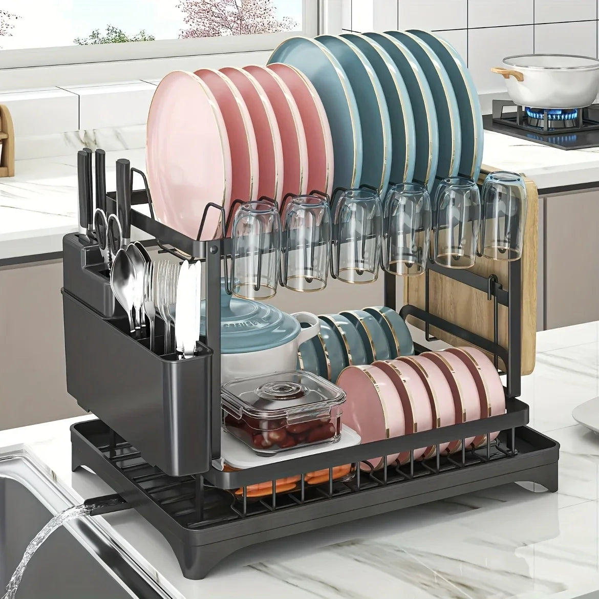 2-Tier Metal Dish Drying Rack with Drainboard – Space-Saving Counter Organizer