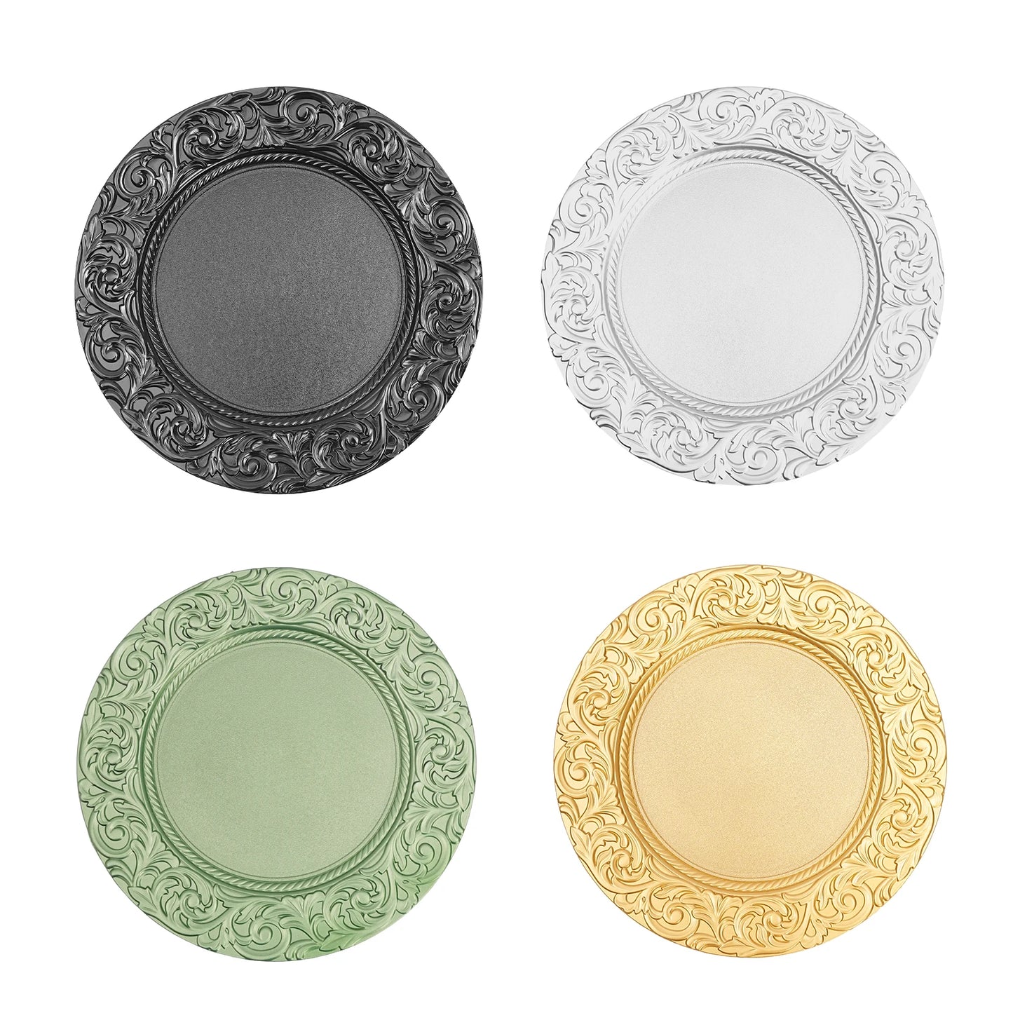 Charger Plates 100-Piece Set Round Reusable Serving Plates Gold Black Silver Green for Wedding Banquet Party Decor