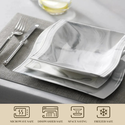 MALACASA FLORA Marble Porcelain Dinnerware Set 30 Piece Tableware with 6PCS Dinner Plate Dessert Plate Soup Plate Cups
