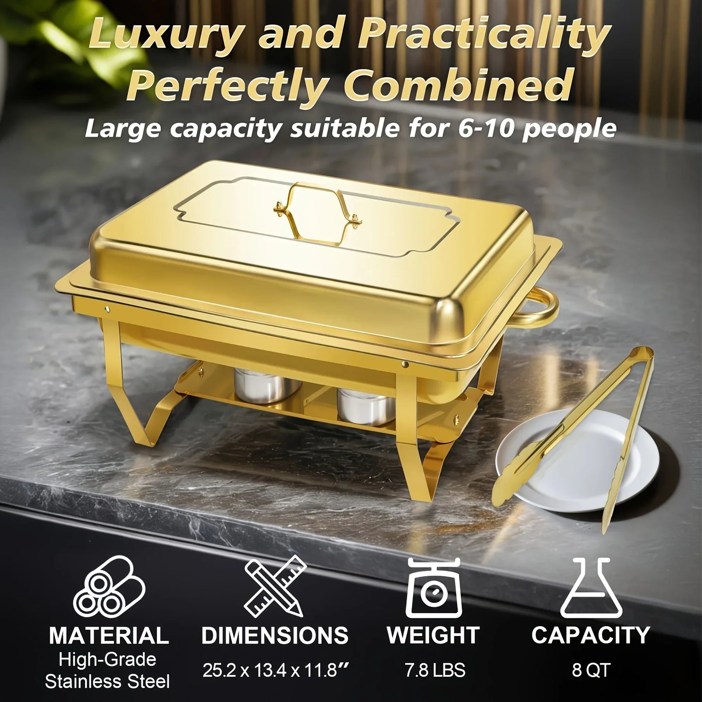 6 Pcs Buffet Baking Tray, 8 Quart Golden Baking Tray Buffet Set Full Size, Premium Stainless Steel Baking Tray Party Food Heater