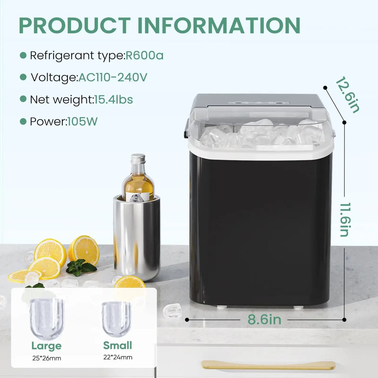 Countertop Ice Maker, Machine Self-Cleaning, 2 Sizes Bullet Ice, Portable Ice Machine with Ice Scoop, Basket and Handle, Black
