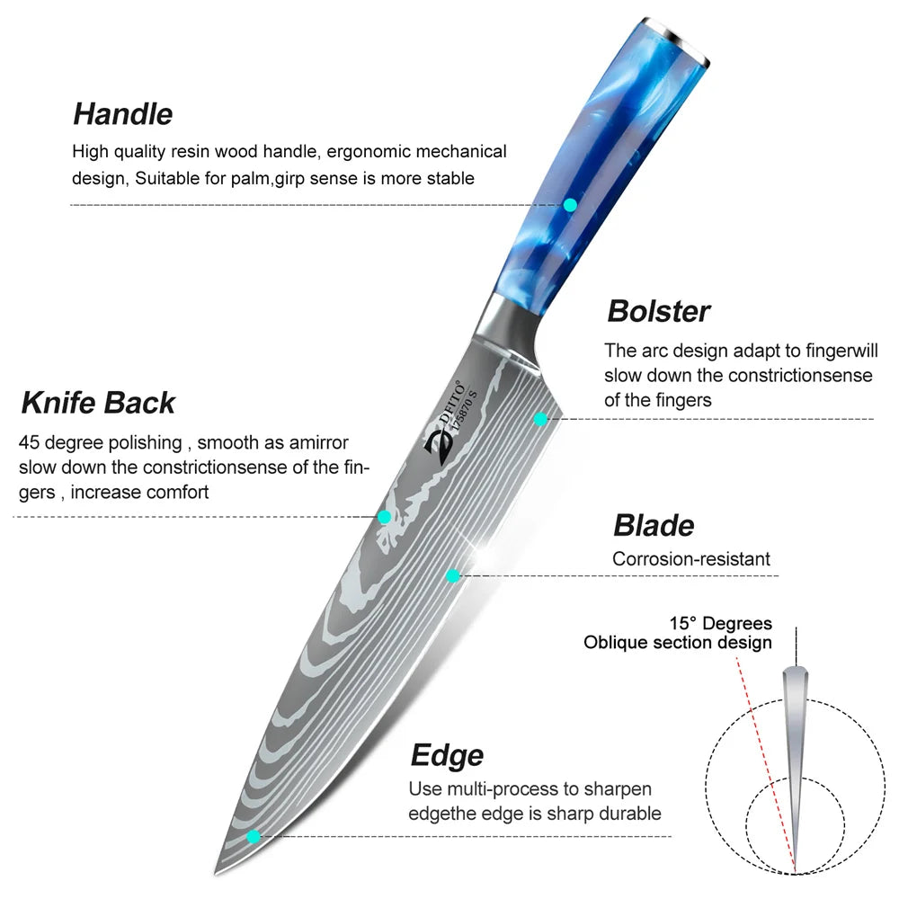 8pcs Kitchen Knife Damascus Stainless Steel Chef Knife Utility Paring Boning Cleaver Slicing Santoku Knives