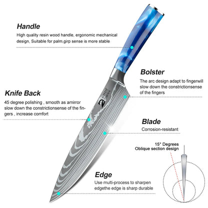 8pcs Kitchen Knife Damascus Stainless Steel Chef Knife Utility Paring Boning Cleaver Slicing Santoku Knives With Nylon Bag