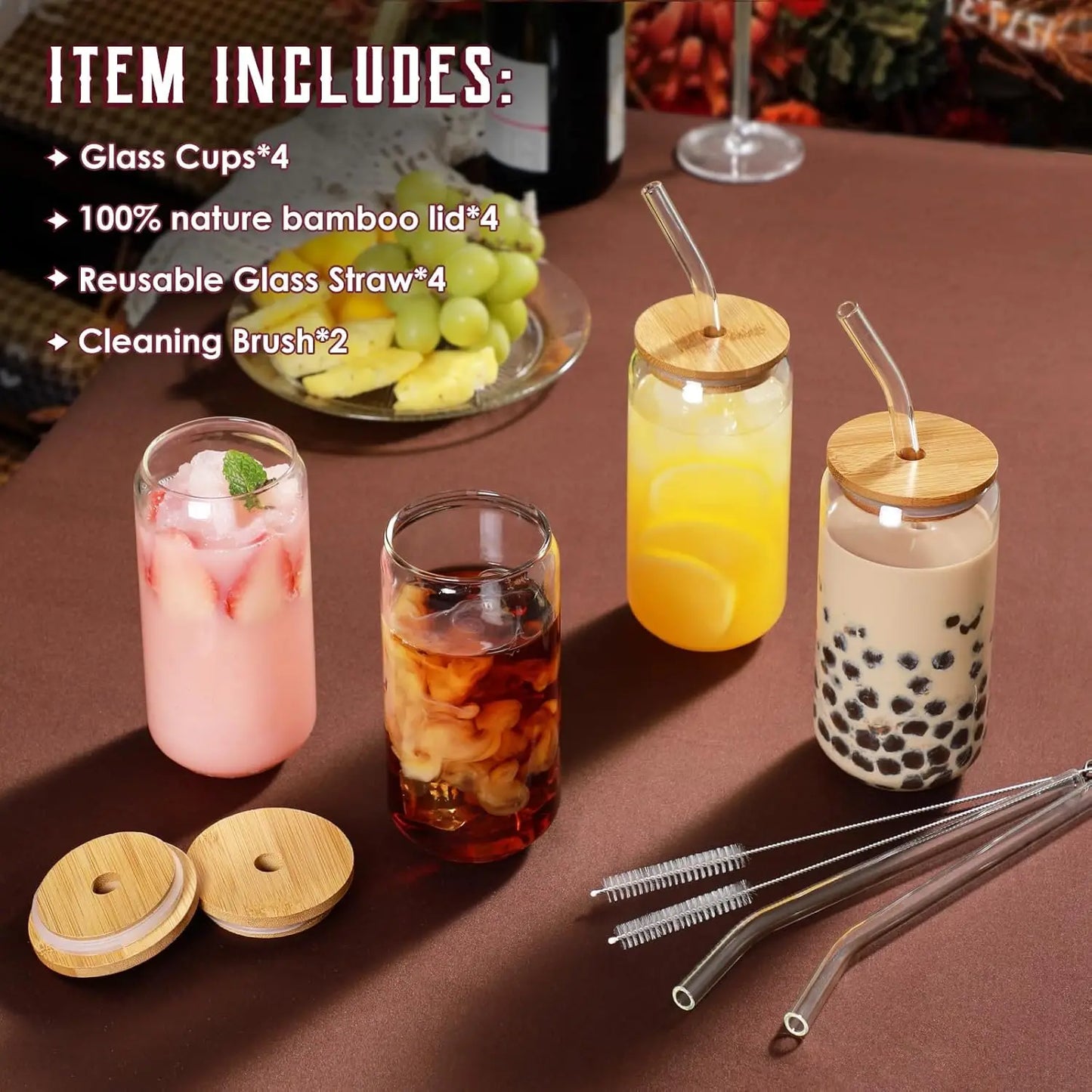 4-Piece 18.6oz Glass Cup Set with Bamboo Lids & Straws – Iced Coffee & Tea Glasses