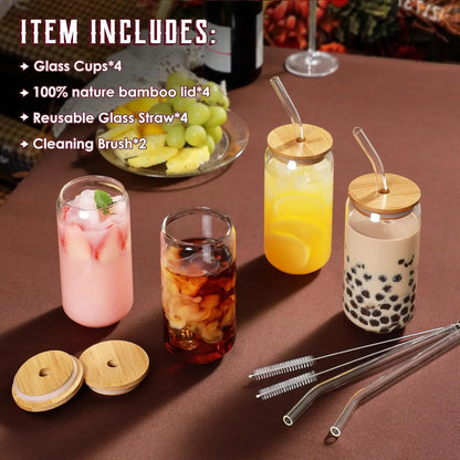 4Pcs 18.6Oz/550Ml Drinking Glasses with Bamboo Lids and Glass Straws, Glass Cups, Iced Coffee Glasses, Cute Iced Tea Glasses, Beer Glasses