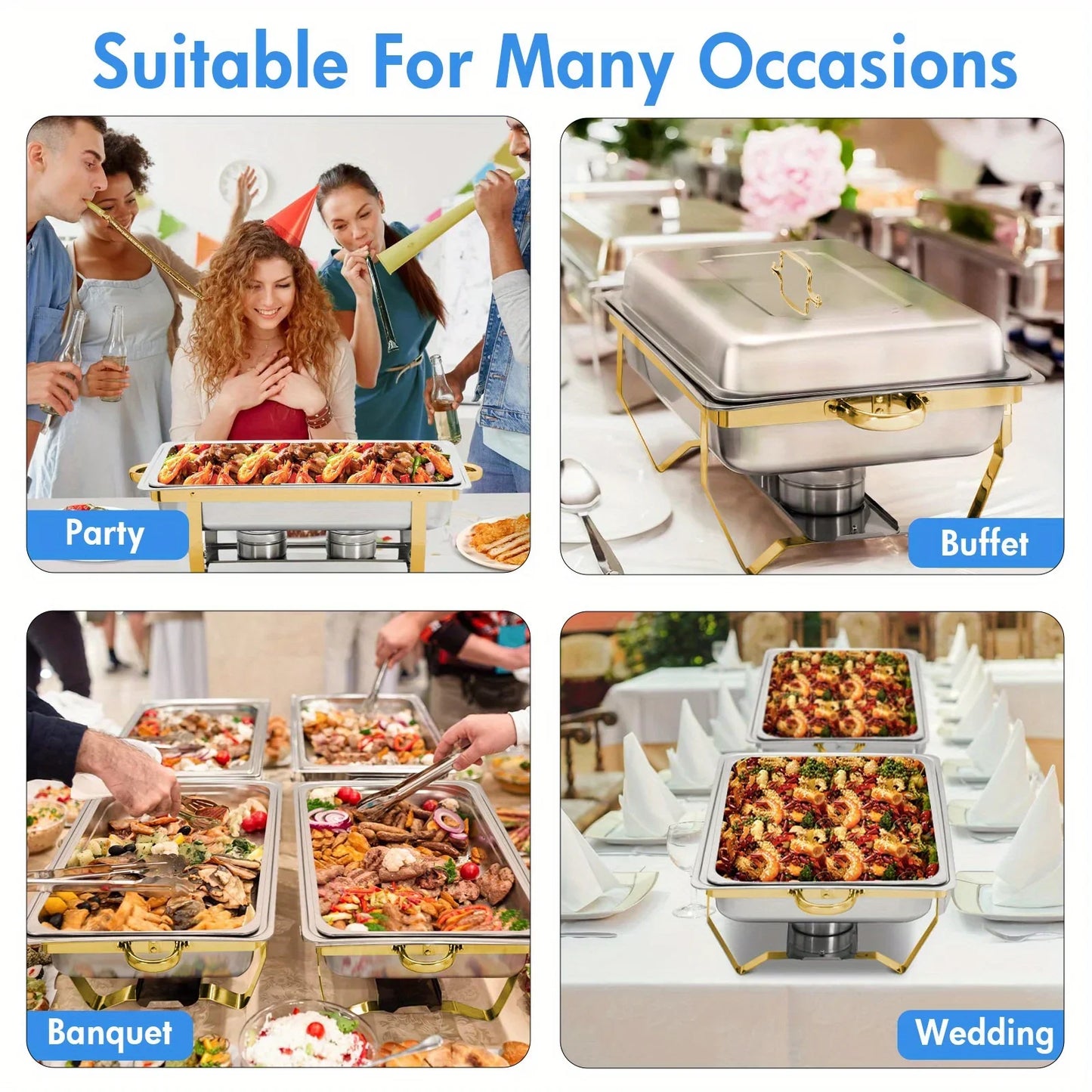 2-Pack 8QT Stainless Steel Chafing Dish Buffet Set – Full-Size Food Warmers with Lids & Fuel Holders for Catering & Events