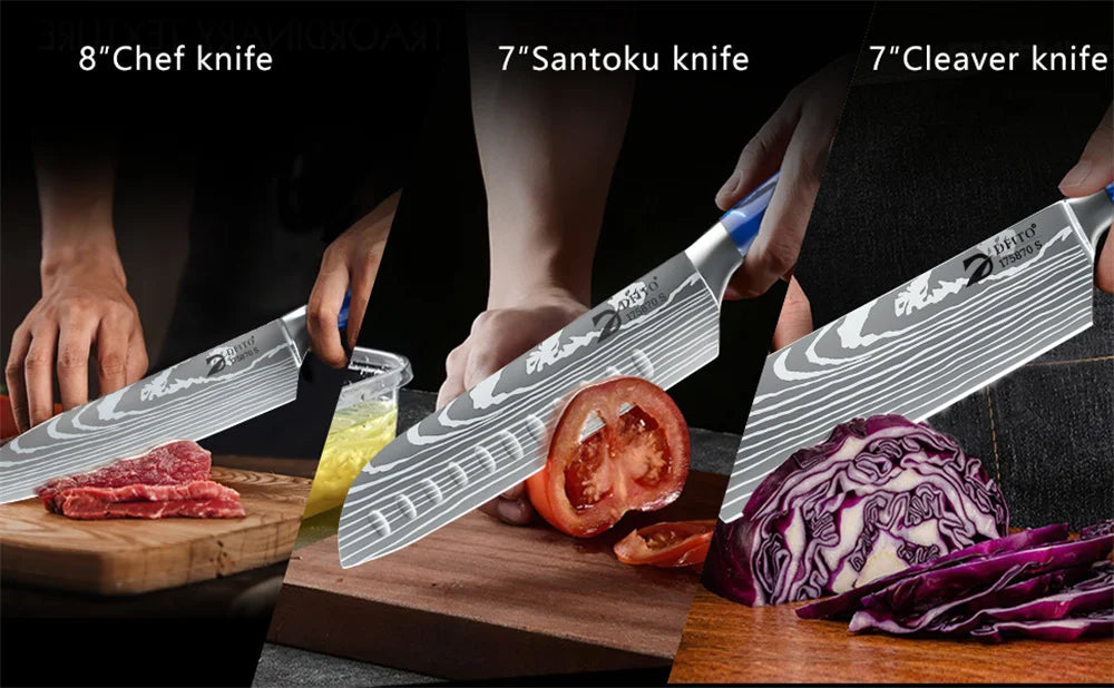 8pcs Kitchen Knife Damascus Stainless Steel Chef Knife Utility Paring Boning Cleaver Slicing Santoku Knives With Nylon Bag