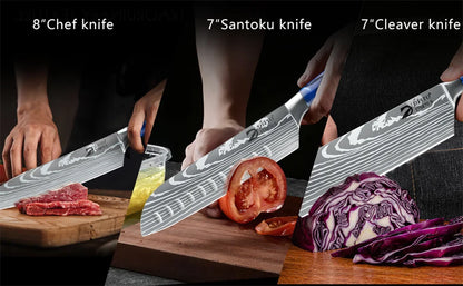 8pcs Kitchen Knife Damascus Stainless Steel Chef Knife Utility Paring Boning Cleaver Slicing Santoku Knives With Nylon Bag