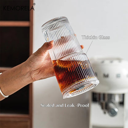 KEMORELA 20 oz Ribbed Glass Tumblers with Lids and Straws 2/4-Piece Glassware Set for Iced Coffee Smoothies Cocktails and Juices