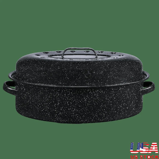 Nonstick Covered Oval Roaster 18 inch Smooth Porcelain Steel Roasting Pan Even Cooking Dishwasher Safe Turkey Pan 15lb Capacity