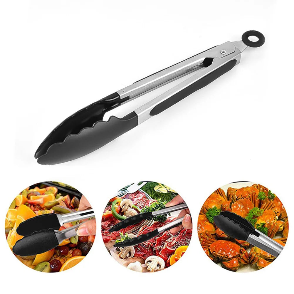 Stainless Steel BBQ Grilling Tongs – Anti-Scalding Food Clip & Non-Stick Serving Tool for Bread, Salad, Kitchen & Barbecue