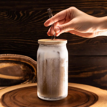 4-Piece 18.6oz Glass Cup Set with Bamboo Lids & Straws – Iced Coffee & Tea Glasses