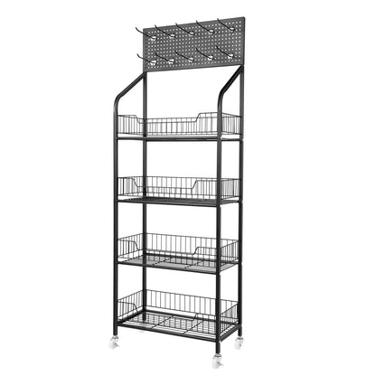 4 Tier Display Snack Rack with Universal Wheels Fruit Vegetable Towel Basket Stand Cart Metal Display Stand