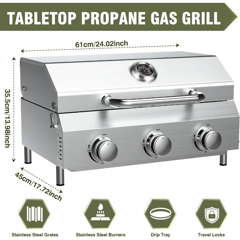 Portable 3-Burner Propane Gas Grill – 30,000 BTU with Durable Grates & Steel Controls