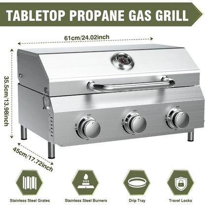 Portable 3-Burner Propane Gas Grill – 30,000 BTU with Durable Grates & Steel Controls