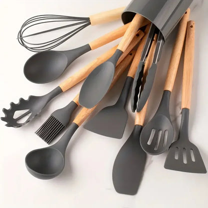 12pcs Silicone Cooking Utensil Set – Multi-Color, Heat-Resistant Kitchenware with Wooden Handles, Non-Stick Spatulas & Spoons