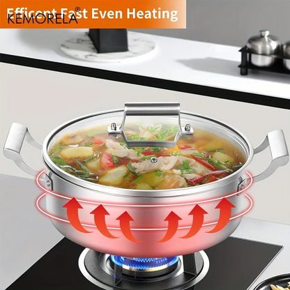KEMORELA 304 Stainless Steel Hot Pot - German Five-Layer Steel European Style Double Handle Soup Pot with Glass Lid, for Home