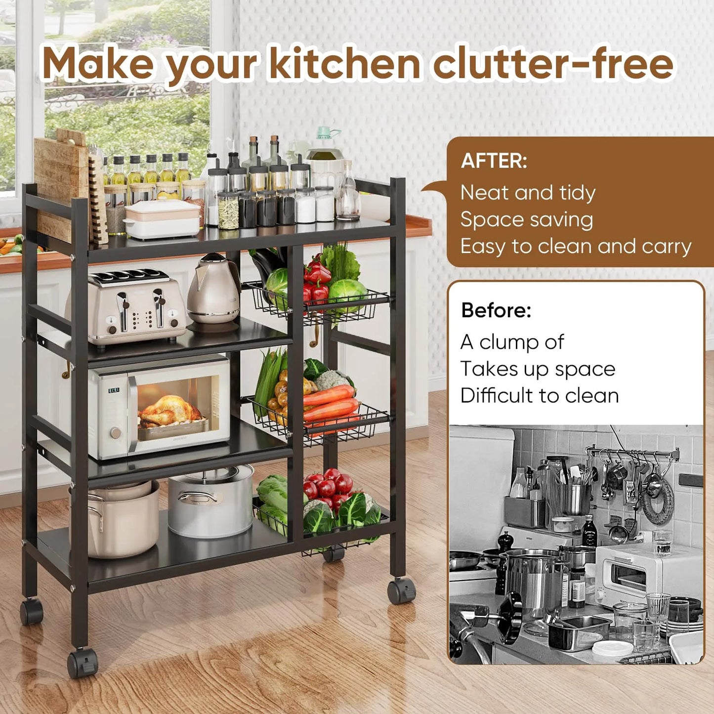 1 movable kitchen vegetable basket storage rack for kitchen storage and supplies storage, suitable for basic accessories in garages, kitchens, and home garages