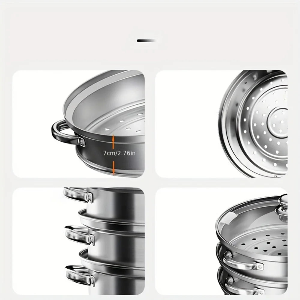 5PCS Stainless Steel Double & Triple Layer Steamer Soup Pot – 2-in-1 Multifunctional Cooking Set