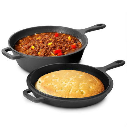 Dutch Oven & Skillet Combo，Preseasoned Cast Iron Cookware Set，2-In-1 Multi Cooker - Deep Pot + Frying Pan，Works for Bread, Indoo