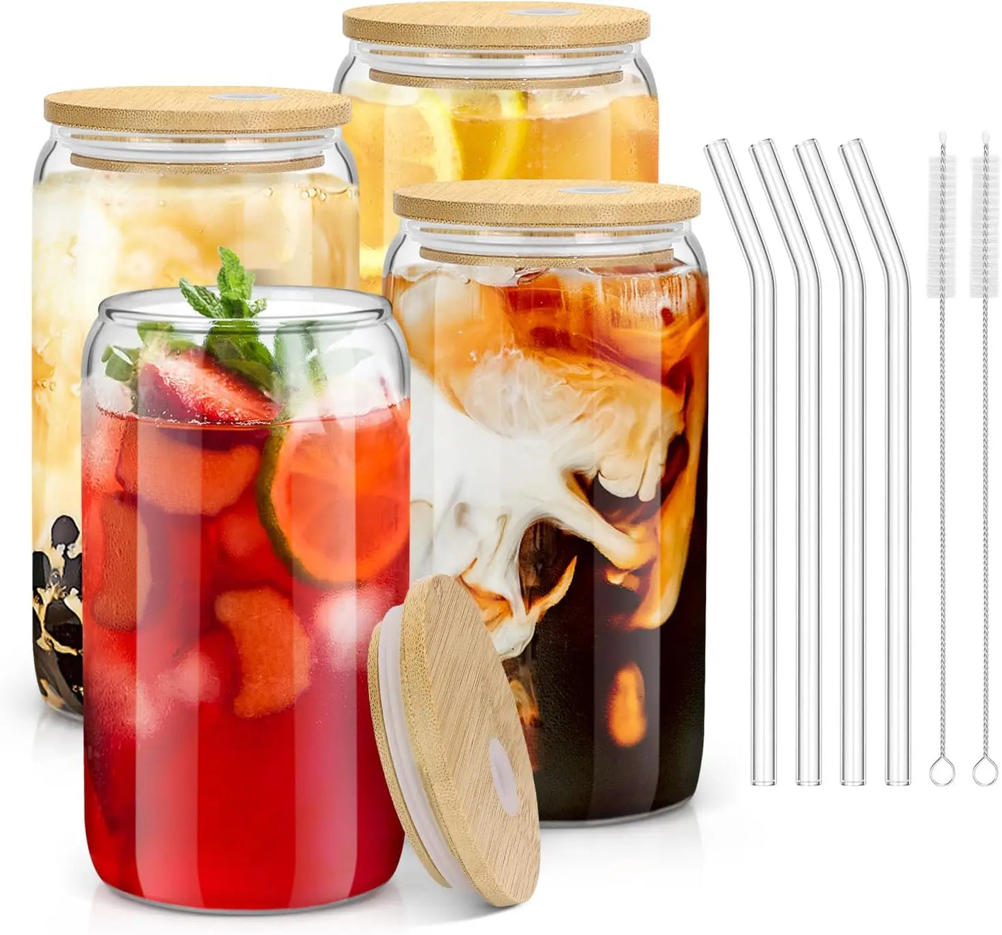 4-Piece 18.6oz Glass Cup Set with Bamboo Lids & Straws – Iced Coffee & Tea Glasses