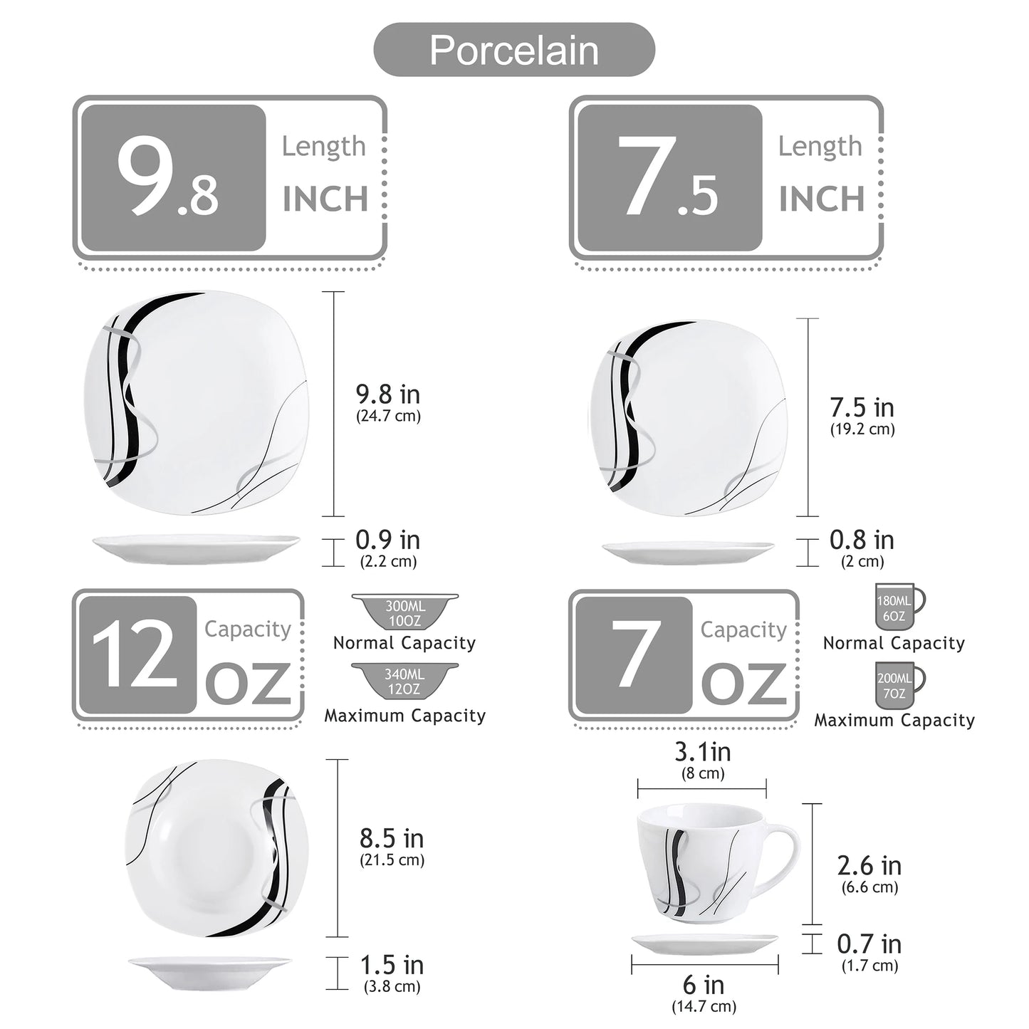 VEWEET FIONA Porcelain Tableware Set – 30/60-Piece Black Line Dinner, Soup & Dessert Plates with Cups & Saucers