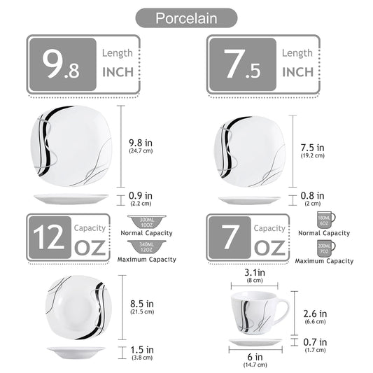 VEWEET FIONA Porcelain Tableware Set – 30/60-Piece Black Line Dinner, Soup & Dessert Plates with Cups & Saucers