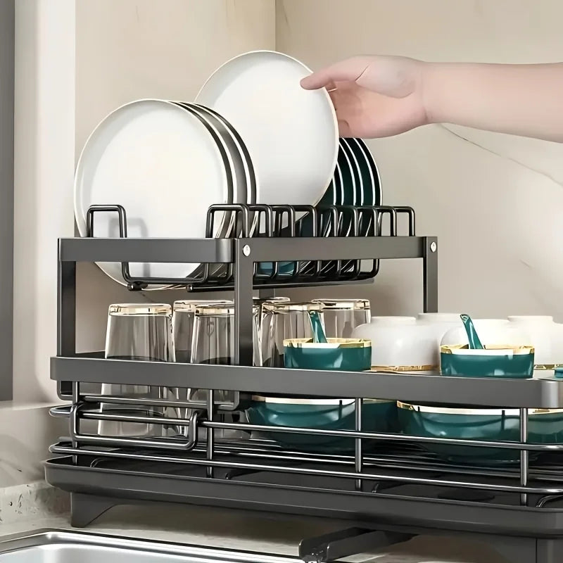Double-tier extendable dish drainer, suitable for kitchen worktops as a large-capacity utensil rack and draining board.