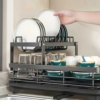 Double-tier extendable dish drainer, suitable for kitchen worktops as a large-capacity utensil rack and draining board.