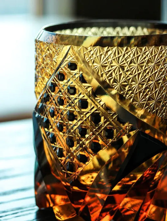Hand-Carved Crystal Whiskey Glass | Amber Blue & Black