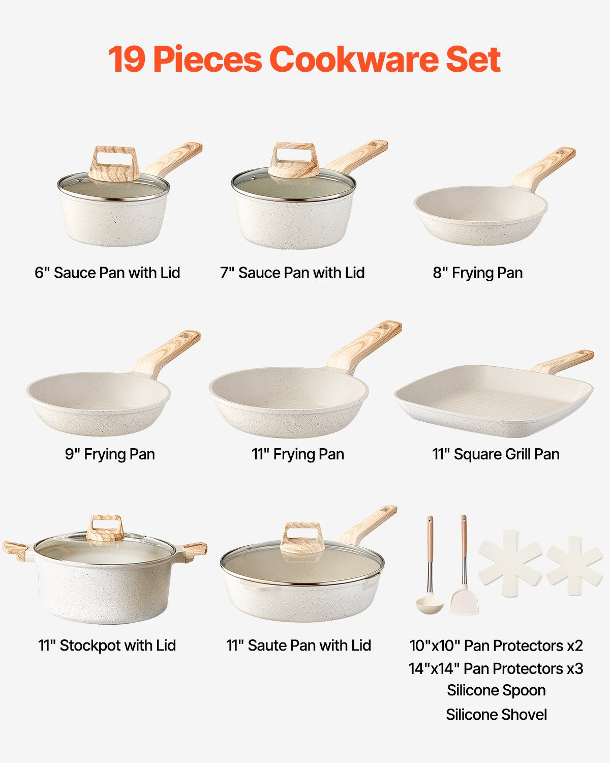 19-Piece Nonstick Granite Cookware Set – Induction Pots & Pans with Glass Lids & Pan Protectors (White)
