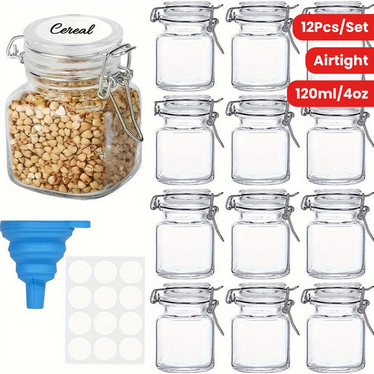 12pcs/set 120ml/4oz Mini Clip Top Glass Jars, Airtight Spice Containers with Hinged Lids, Reusable Storage Containers, Labels & Funnel Included, Perfect for Kitchen, Spices & Herbs Organization and Storage