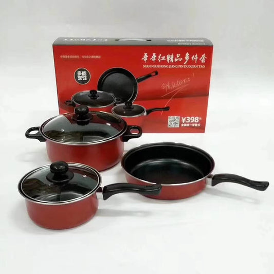 Red 3-Piece Non-Stick Cookware Set Milk Pot, Soup Pot & Frying Pan with Custom Logo Option