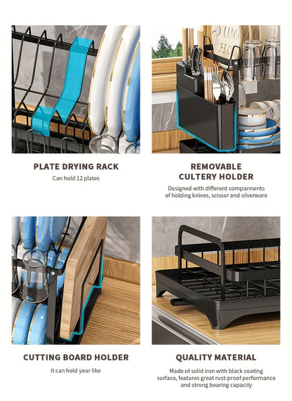 1pc Large Capacity 2-Tier Dish Drying Rack with Drainboard, Double-Layer Bowl & Cup Rack, Detachable Over The Sink Organizer for Kitchen Counter, Black & White - Ideal for Plates, Bowls, Cups & Cutlery Storage, Dish Drying Ra
