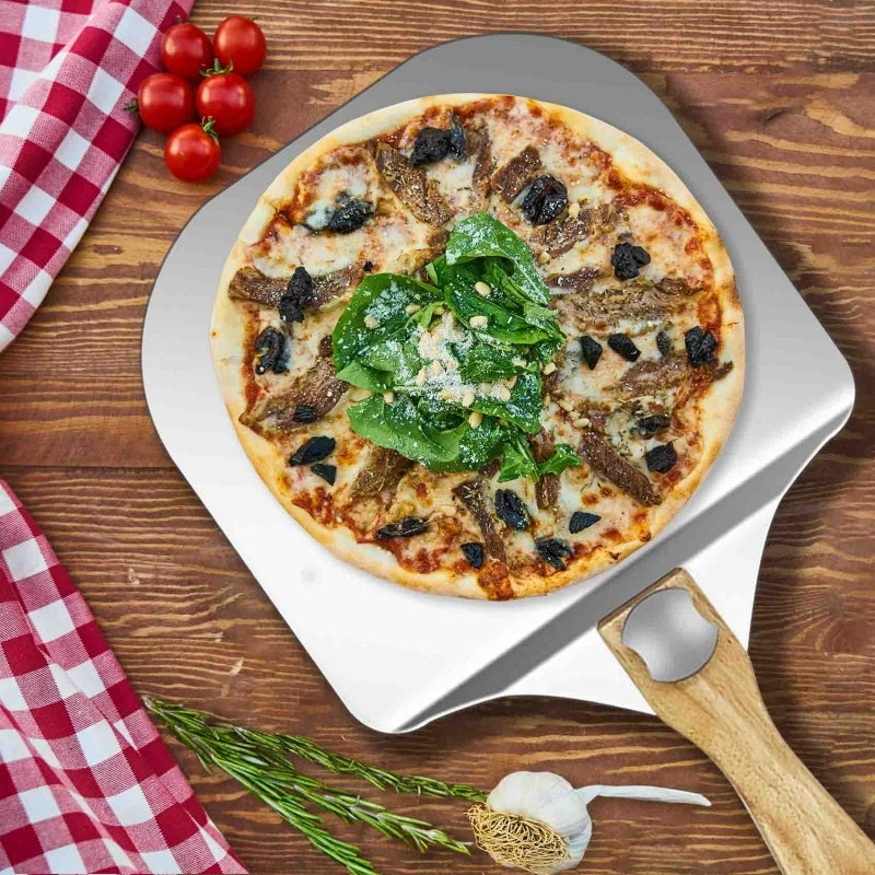 12" Aluminum Pizza Peel – Foldable Wooden Handle Pizza Paddle for Oven & Grill