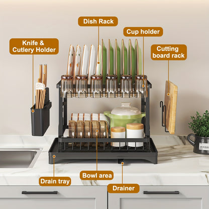 1pc Large Capacity 2-Tier Dish Drying Rack with Drainboard, Double-Layer Bowl & Cup Rack, Detachable Over The Sink Organizer for Kitchen Counter, Black & White - Ideal for Plates, Bowls, Cups & Cutlery Storage, Dish Drying Ra