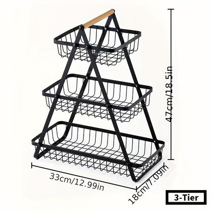 [2/3 Tier Metal Basket] 2/3 Tier High-Capacity Metal Fruit Basket | Portable Countertop Organizer for Fruits, Vegetables, Bread & Snacks | Detachable Rectangle Design for Kitchen Storage