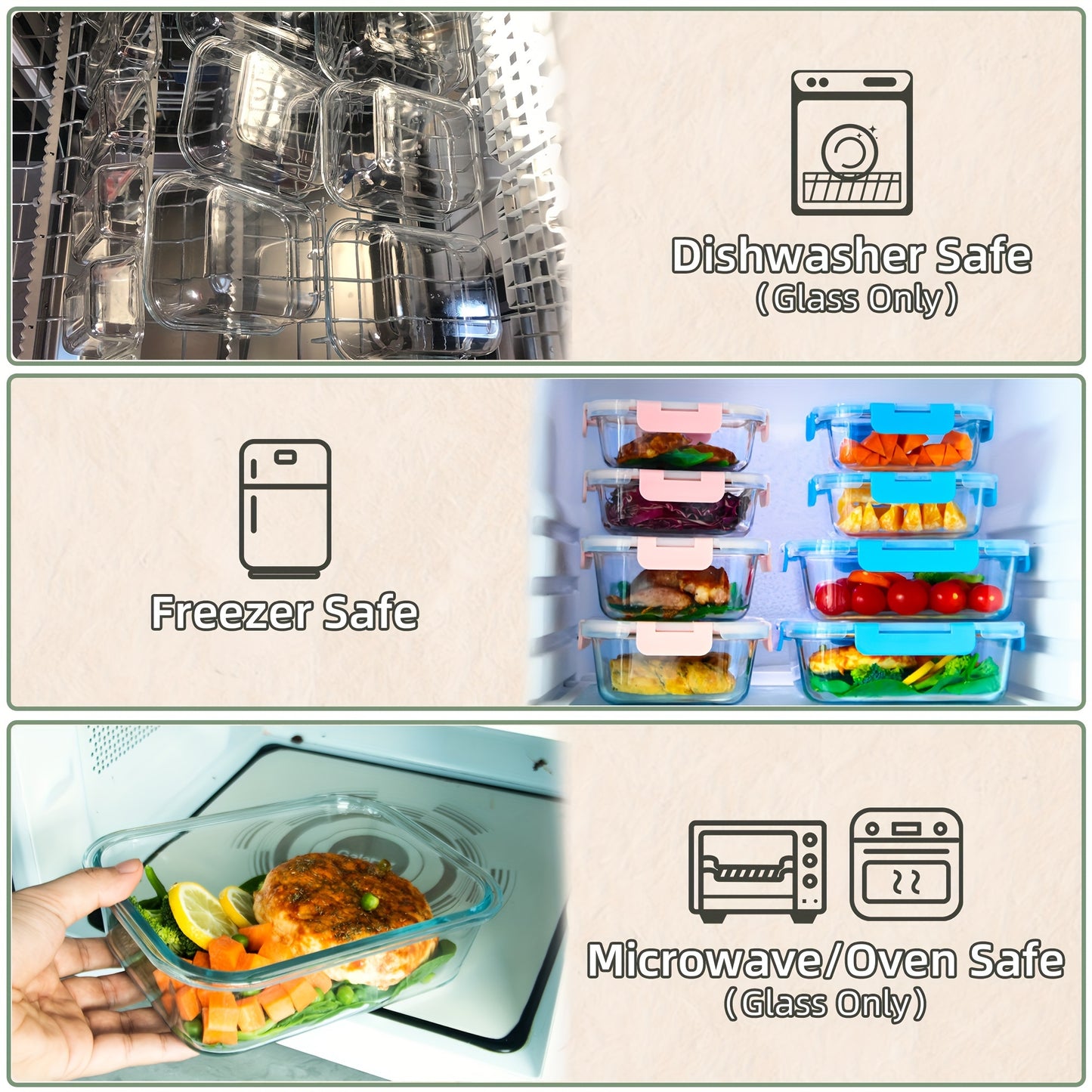 10pcs Leak-Proof Glass Meal Prep Containers - Durable, Reusable Kitchen Organizers - Airtight for Freshness - Ideal for Camping, Picnics, School, Office & Home