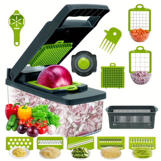 14-Piece Stainless Steel Vegetable Chopper Set - Multifunctional Fruit and Food Slicer, Grater, Cutter with Container, Interchangeable Blades, and Onion Mincer - Manual Operation, Easy to Use, Space-Saving, and Durable Kitche