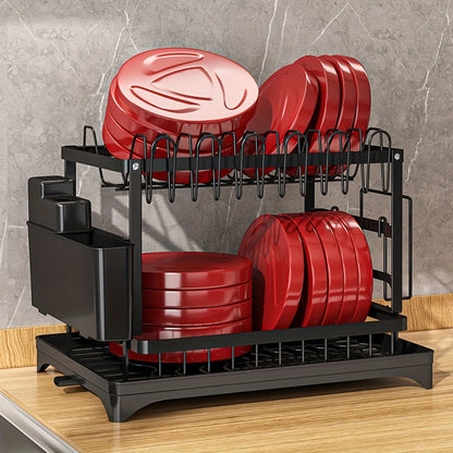 1pc Large Capacity 2-Tier Dish Drying Rack with Drainboard, Double-Layer Bowl & Cup Rack, Detachable Over The Sink Organizer for Kitchen Counter, Black & White - Ideal for Plates, Bowls, Cups & Cutlery Storage, Dish Drying Ra