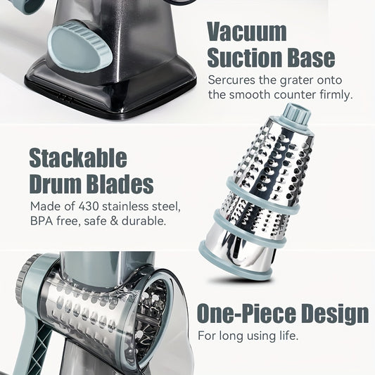 3-Blade Manual Cheese Grater - Effortless Slicing for Cheese, Vegetables, Nuts, and More with Interchangeable Blades - A Must-Have Kitchen Essential for Home Cooks and Foodies
