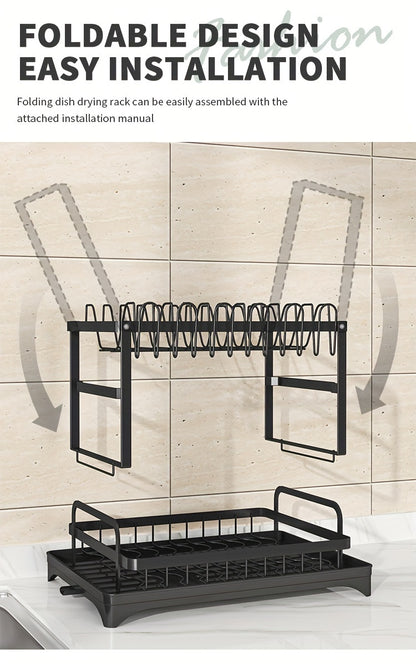 1pc Dish Rack, Double Layers Space-saving Dish Drying Rack With Drainboard And Utensil Holders, Multifunctional Large Capacity Dish Storage Organizer, For Kitchen Counter, Kitchen Organizers And Storage, Kitchen Accessories