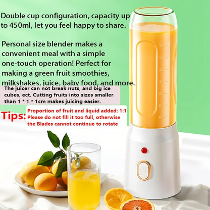 [1pc, Portable USB Mini Blender] Portable USB Rechargeable Mini Blender, 1pc of 450Ml Juicer Includes 2 Cups, Wireless And Easy to Carry, Comes with a Bonus Sports Cup Cover, Ideal Personal Size Blender for Smoothies And Shak