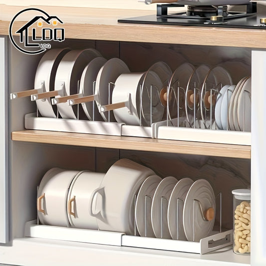 [1pc Adjustable Pot Organizer Rack] 1pc Expandable Stainless Steel Pot Organizer Rack with Adjustable Dividers, Uncharged Multi-Purpose Kitchen Cabinet Cookware Storage Solution for Pots and Pans Organization