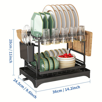 1pc Dish Rack, Double Layers Space-saving Dish Drying Rack With Drainboard And Utensil Holders, Multifunctional Large Capacity Dish Storage Organizer, For Kitchen Counter, Kitchen Organizers And Storage, Kitchen Accessories