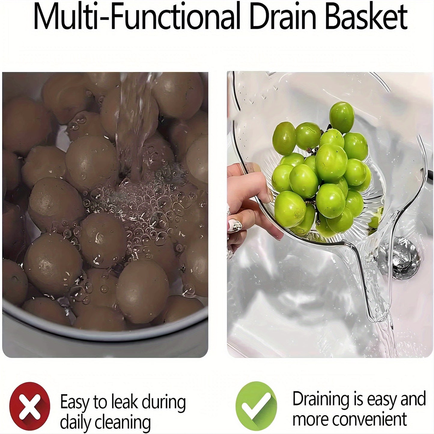 1/2pcs Versatile Kitchen Draining Basket - Sturdy Plastic, Easy Wash, for Vegetables, Pasta & Fruit