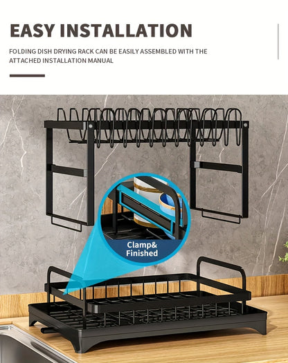 1pc Large Capacity 2-Tier Dish Drying Rack with Drainboard, Double-Layer Bowl & Cup Rack, Detachable Over The Sink Organizer for Kitchen Counter, Black & White - Ideal for Plates, Bowls, Cups & Cutlery Storage, Dish Drying Ra