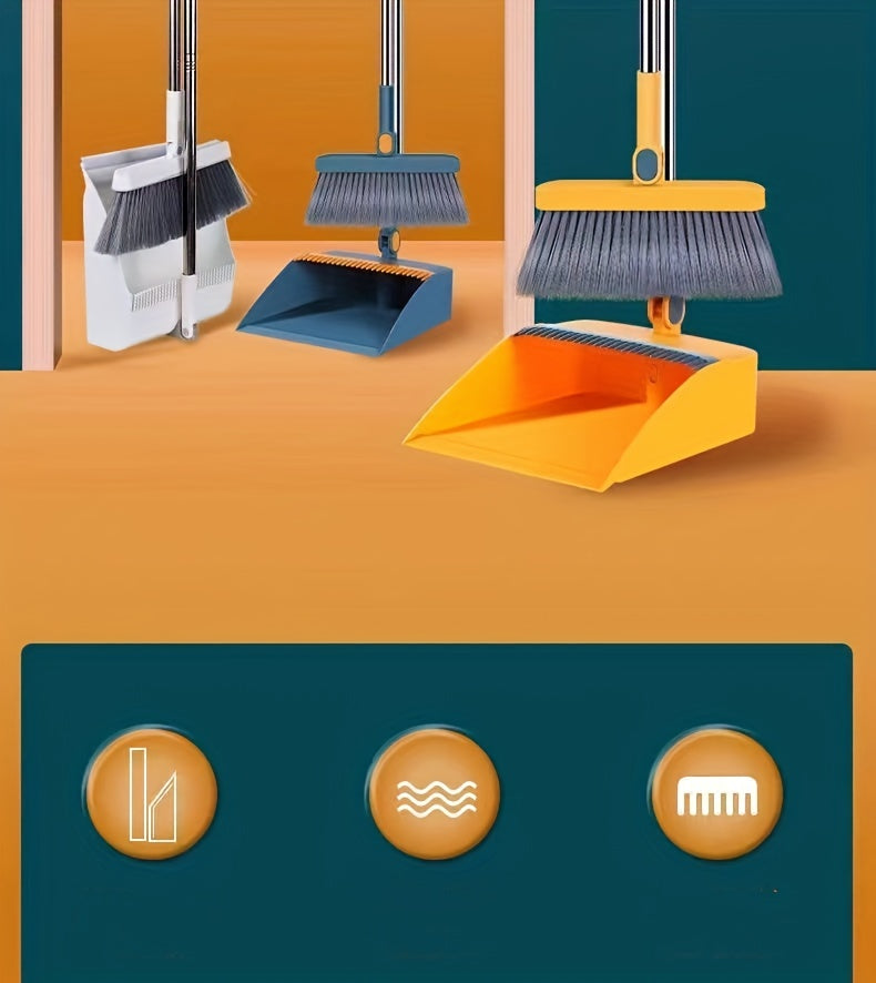 1set, Household Broom And Dustpan Set, Long Handle Floor Cleaning Broom Dustpan Set, Rotatable Broom And Dustpan With Comb Tooth, To Remove Dust And Garbage, For Home, Kitchen, Room, Office, Cleaning Supplies, Cleaning Tool,